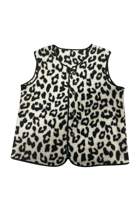 Womens Fleece Jacket Vest Sleeveless Fuzzy Sherpa Jackets Button Plus Size Casual Coats Fall Winter Leopard Printed Tops Beige XXL