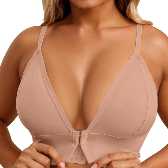 Wang6 Womens Front Hook Closure Bras Plus Size No Wire Seamless Everyday Bras Large Bust Demi Underwear Adjustable Strap Deep V Neck T Shirt Bra Bralettes Beige XXXL