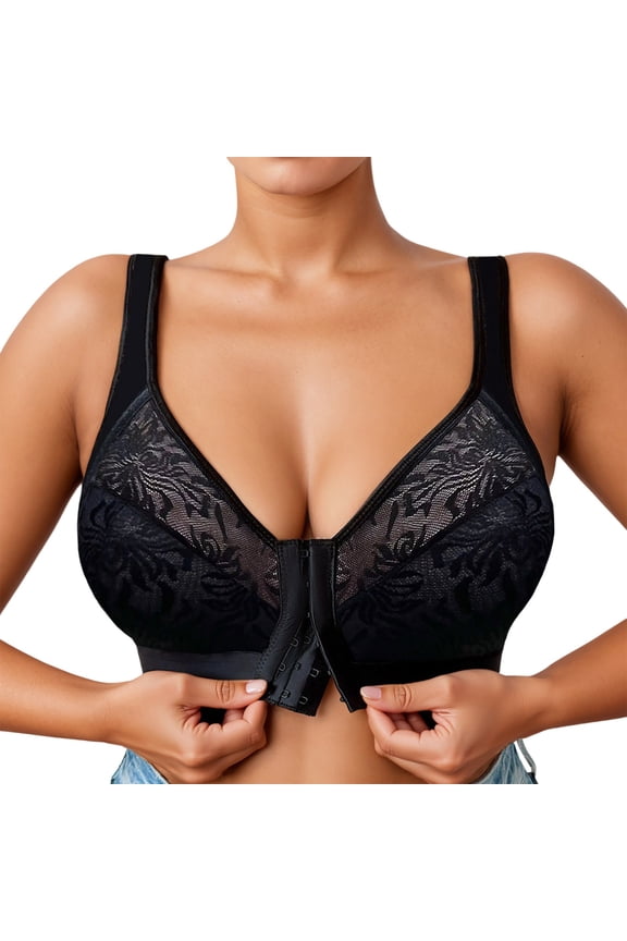 Womens Front Hook Closure Bras Plus Size No Wire Seamless Mesh Everyday Bras Large Bust Demi Underwear Adjustable Strap T Shirt Bra Bralettes Black XXXXL