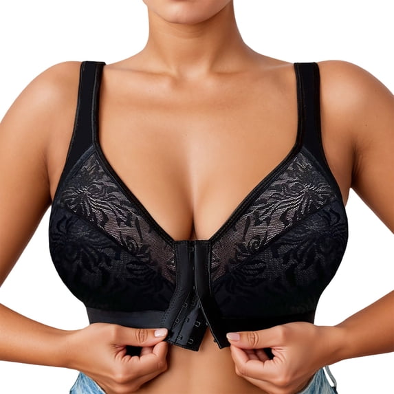 Wang6 Womens Front Hook Closure Bras Plus Size No Wire Seamless Mesh Everyday Bras Large Bust Demi Underwear Adjustable Strap T Shirt Bra Bralettes Black XL