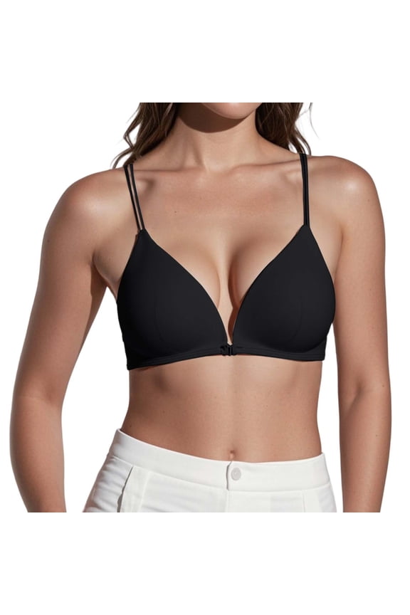 Womens Front Hook Closure Bras Seamless No Wire Everyday Bras 3/4 Cup Underwear Spaghetti Adjustable Strap T Shirt Bralettes Black S