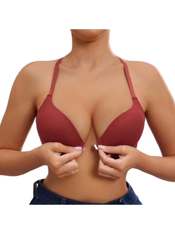 Womens Front Hook Closure Bras No Wire Seamless Lace Everyday Bras Large Bust Demi Underwear Spaghetti Adjustable Strap T Shirt Bra Bralettes X_Red 34