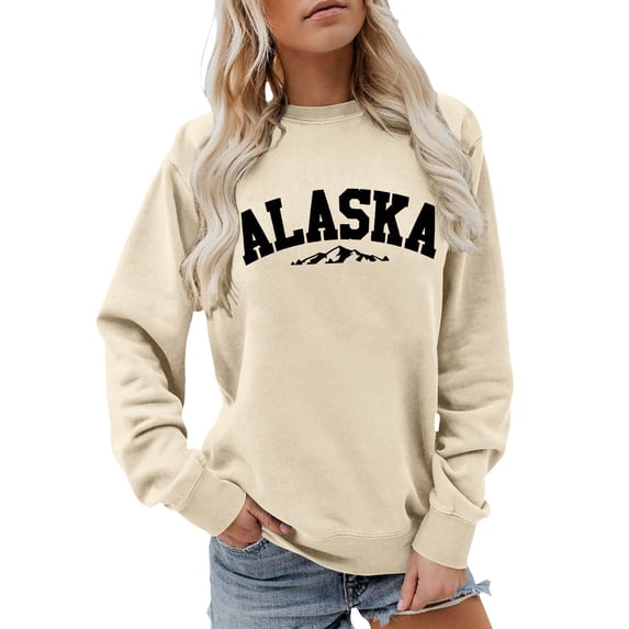 Wang6 Womens Graphic Sweatshirts Plus Size"Alaska"Letter Printed Pullovers Causal Beige Loose Fit Tshirts Tops Beige M