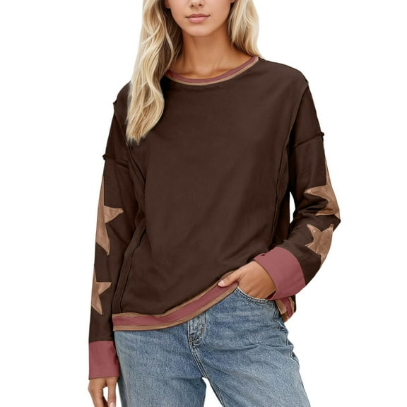 Wang6 Womens Graphic Sweatshirts Trendy Long Sleeve Crew Neck Star Embroidery Pullovers Comfy Fall Loose Fit Tshirts Tunic Tops Coffee XL