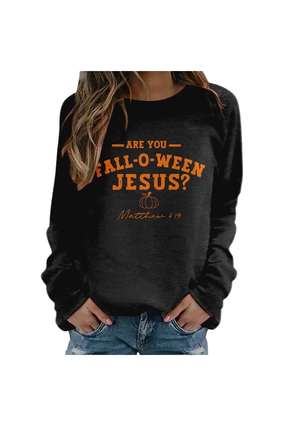 Womens Graphic Sweatshirts Trendy Long Sleeve Crew Neck Are You Fall for Jesus Letter Printed Pullovers Comfy Fall Loose Fit Tshirts Tunic Tops Black S