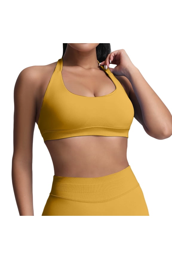 Womens Halter Wireless Sports Bras Seamless Longline Ribbed Workout Bras Backless Cropped Tank Tops Running Gym Yoga Bralettes Yellow M