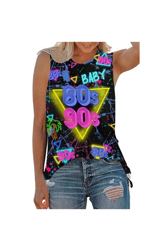 Womens High Neck Plus Size Tank Tops Trendy 80s 90s Letter Printed Sleeveless Shirts Causal Crew Neck Loose Graphic Tees Tops Black M