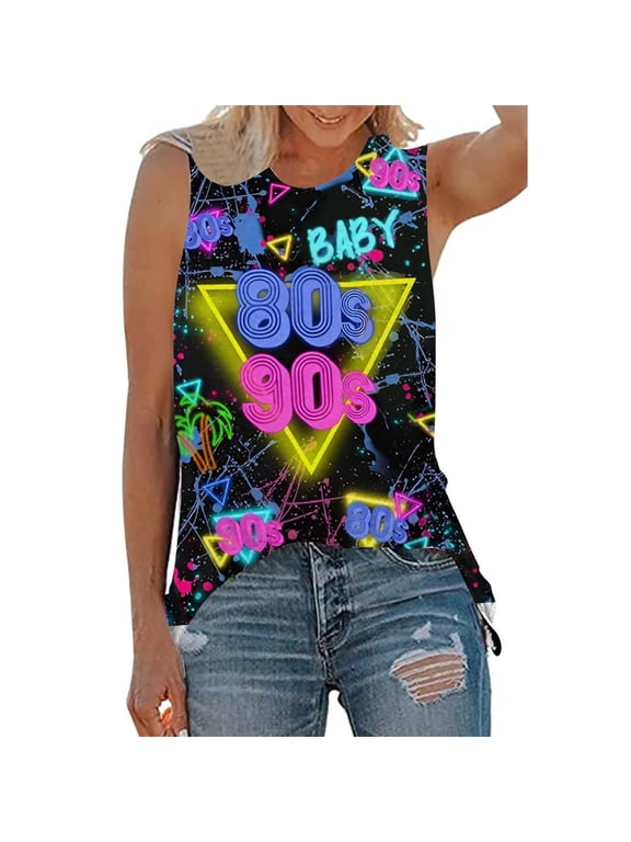 Womens High Neck Plus Size Tank Tops Trendy 80s 90s Letter Printed Sleeveless Shirts Causal Crew Neck Loose Graphic Tees Tops Black XXXL
