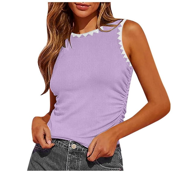 Wang6 Womens High Neck Tank Tops Plus Size Summer Ribbed Sleeveless Shirts Causal Slim Fit Ruched T Shirts Tees Purple L