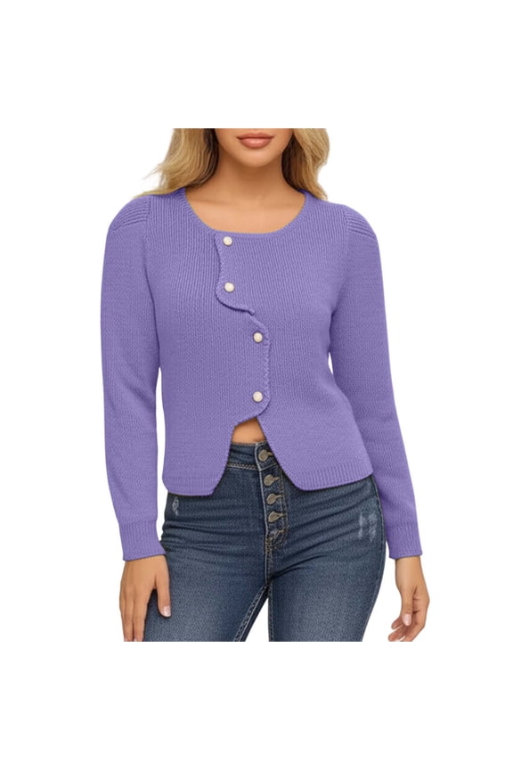 Womens Lightweight Cropped Cardigan Sweaters White Fall Open Front Wrap Button Knit Sweater Long Sleeve Knitted Tops Causal Crew Neck Solid Outwear Purple One Size