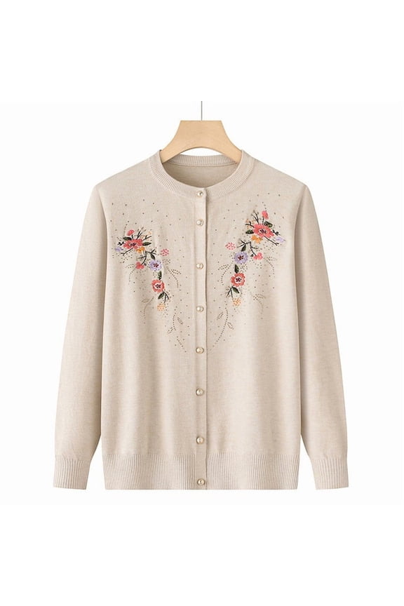 Womens Lightweight Oversized Cardigans Sweaters Fall Winter Button Knit Sweater Long Sleeve Open Front Knitted Coat Loose Fit Floral Embroidery Outwear Beige XL