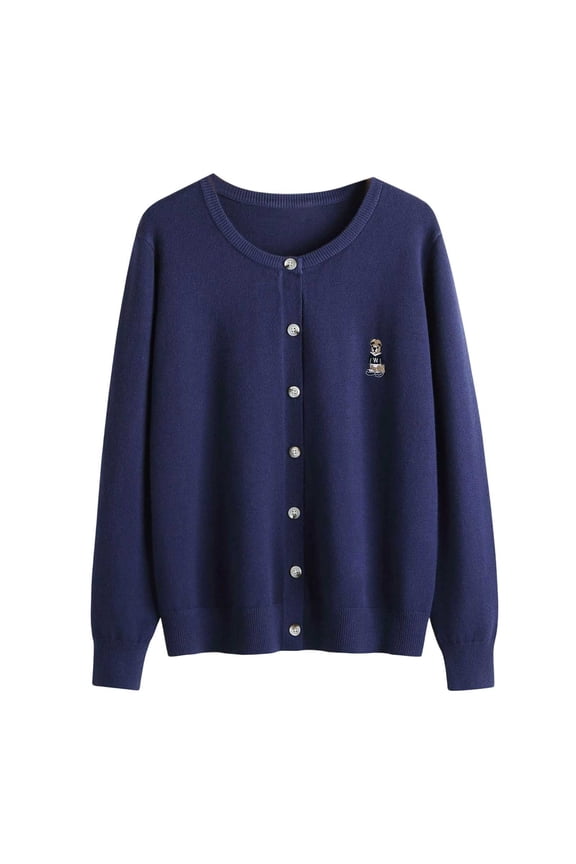 Womens Lightweight Plus Size Cardigans Sweaters Fall Button down Knit Sweater Long Sleeve Open Front Knitted Coat Bear Embroidery Outwear Dark Blue L