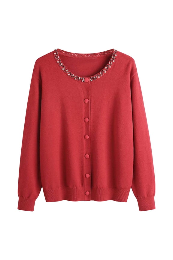Womens Lightweight Plus Size Cardigans Sweaters Fall Button down Knit Sweater Long Sleeve Open Front Knitted Coat Sequin Outwear Red L