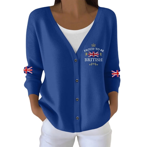Wang6 Womens Lightweight Plus Size Cardigans Sweaters Trendy Long Sleeve Open Front Button down Knit Sweater Fall V Neck American Flag Printed Outwear Tops Blue S