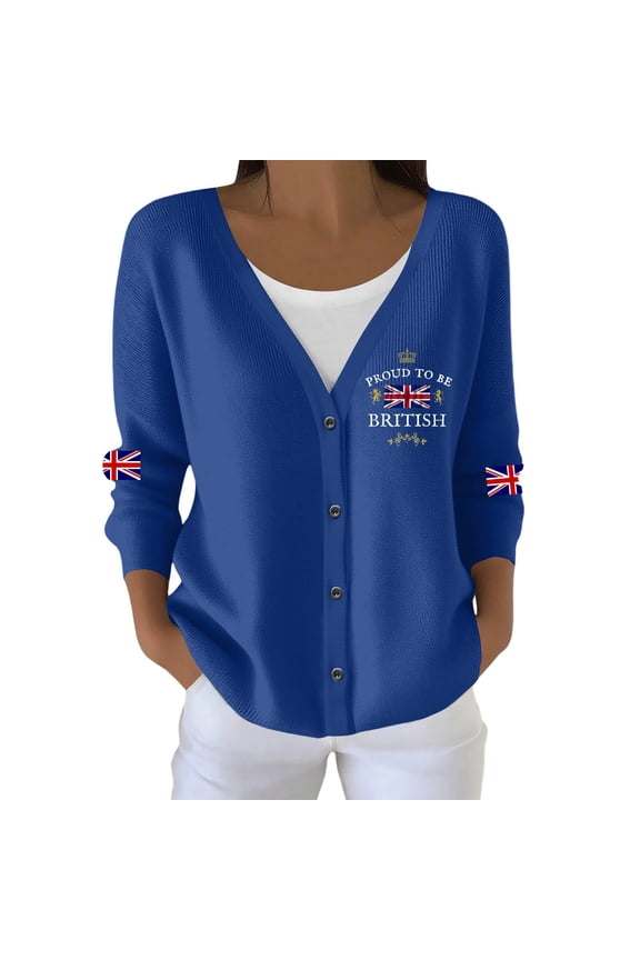 Womens Lightweight Plus Size Cardigans Sweaters Trendy Long Sleeve Open Front Button down Knit Sweater Fall V Neck American Flag Printed Outwear Tops Blue S