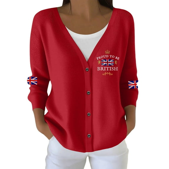 Wang6 Womens Lightweight Plus Size Cardigans Sweaters Trendy Long Sleeve Open Front Button down Knit Sweater Fall V Neck American Flag Printed Outwear Tops Red XXL