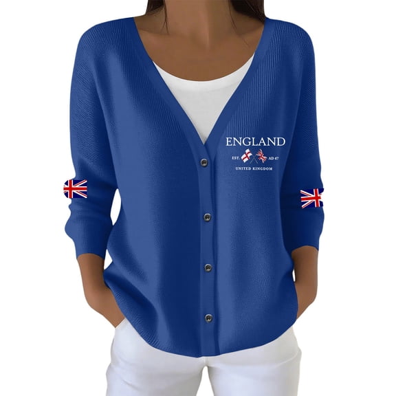 Wang6 Womens Lightweight Plus Size Cardigans Sweaters Trendy Long Sleeve Open Front Button down Knit Sweater Fall V Neck England Letter Printed Outwear Tops Blue S