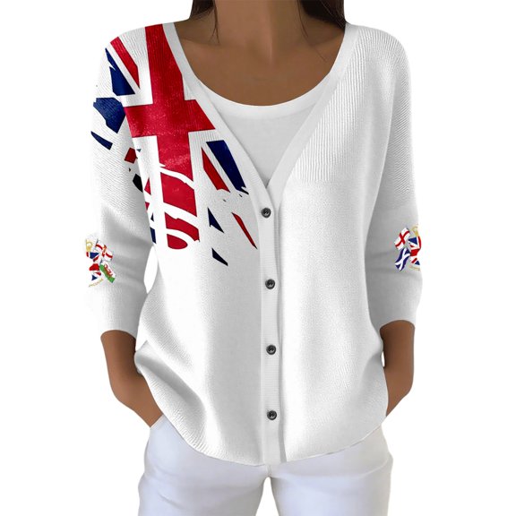 Wang6 Womens Lightweight Plus Size Cardigans Sweaters Trendy Long Sleeve Open Front Button down Knit Sweater Fall V Neck Kingdom Graphic Printed Outwear Tops White1 M