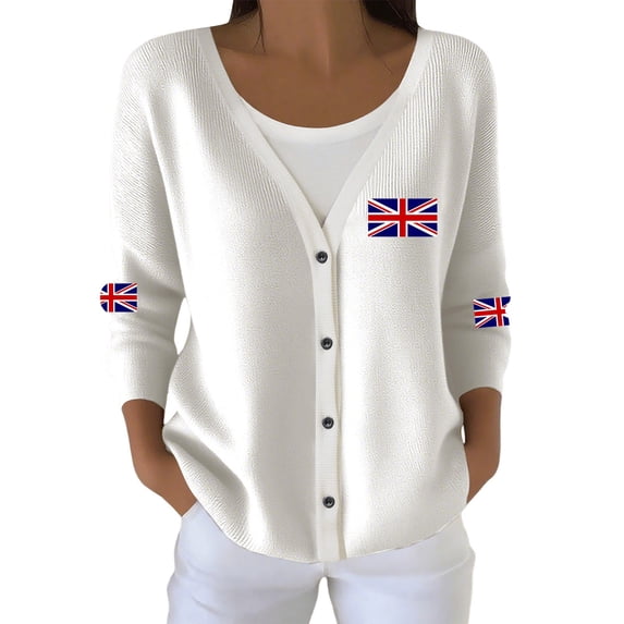 Wang6 Womens Lightweight Plus Size Cardigans Sweaters Trendy Long Sleeve Open Front Button down Knit Sweater Fall V Neck United Kingdom Flag Printed Outwear Tops X_White XL