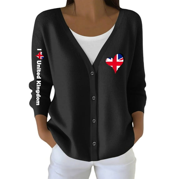 Wang6 Womens Lightweight Plus Size Cardigans Sweaters Trendy Long Sleeve Open Front Button down Knit Sweater Fall V Neck United kingdom Letter Printed Outwear Tops Black M