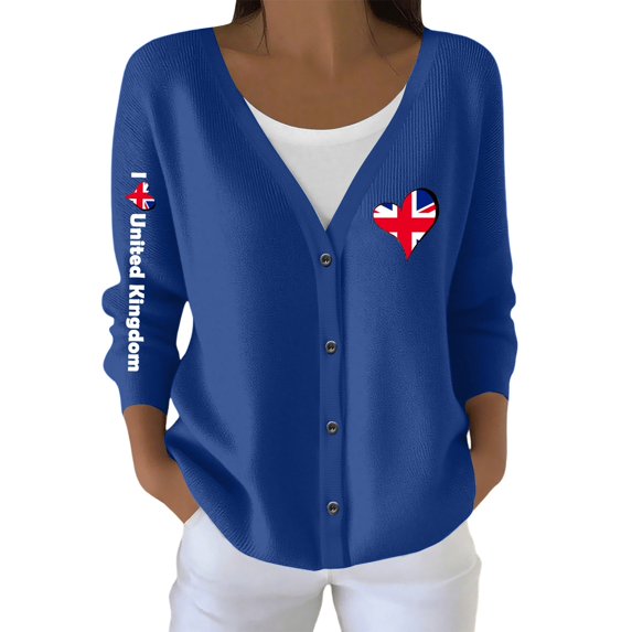 Wang6 Womens Lightweight Plus Size Cardigans Sweaters Trendy Long Sleeve Open Front Button down Knit Sweater Fall V Neck United kingdom Letter Printed Outwear Tops Blue XXXL