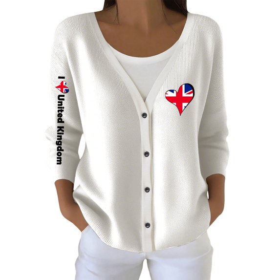 Wang6 Womens Lightweight Plus Size Cardigans Sweaters Trendy Long Sleeve Open Front Button down Knit Sweater Fall V Neck United kingdom Letter Printed Outwear Tops White XL
