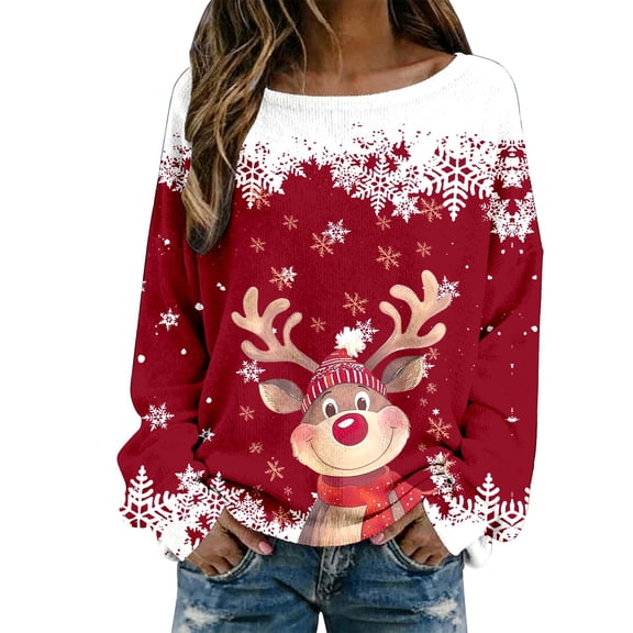 Wang6 Womens Long Sleeve Christmas Graphic T-Shirts Xmas Crew Neck Cute Reindeer Snow Printed Tees Trendy Holiday Loose Fit Shirts Tops Y_Red XL