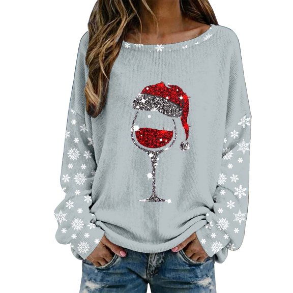 Wang6 Womens Long Sleeve Christmas Graphic T-Shirts Xmas Crew Neck Wine Glass Printed Tees Trendy Holiday Loose Fit Shirt Tops Light Gray XL