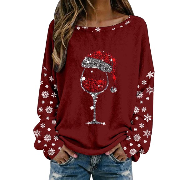 Wang6 Womens Long Sleeve Christmas Graphic T-Shirts Xmas Crew Neck Wine Glass Printed Tees Trendy Holiday Loose Fit Shirt Tops Wine XL