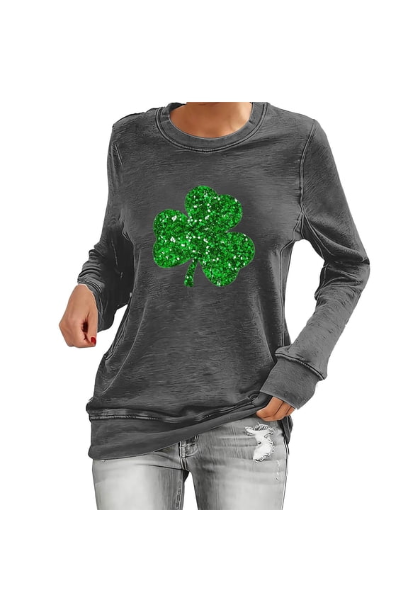 Womens Long Sleeve St Patricks Day T-Shirt Causal Sparkle Lucky Irish Shamrock Printed Tops Crew Neck Loose Fit Saint Graphic Tees Tunic Shirts Grey L