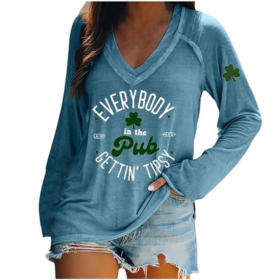 Wang6 Womens Long Sleeve St Patricks Day V Neck T-Shirt Plus Size Shamrock Letter Printed Tops Causal Loose Fit Saint Graphic Tees Shirts Blue XXL