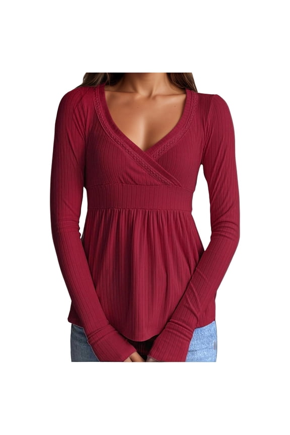 Womens Long Sleeve V Neck T-Shirts with Thumb Holes Trendy Wrap High Waist Ribbed Tops Elegant Slim Fit Lace Trimmed Ruffle Tees Shirts L