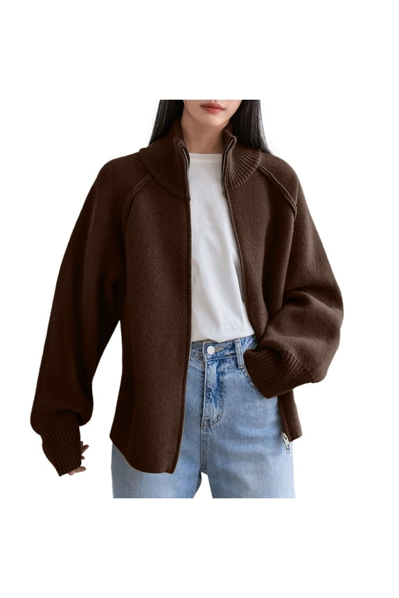 Womens Long Sleeve Zip up Cardigan Sweaters Lightweight Fall Winter Stand Collar Two-Way Zipper Sweater Jacket Knitted Outwear Coats Coffee One Size