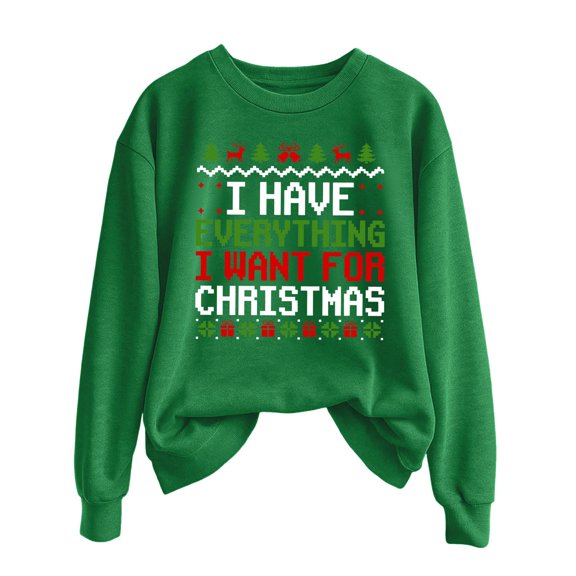 Wang6 Womens Mens Plus Size Christmas Graphic Sweatshirts Trendy Couple Xmas Long Sleeve Letter Printed No Hood Pullovers Causal Loose Fit Crew Neck Tops Shirts X3_Green L