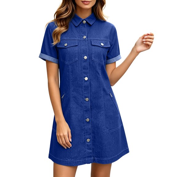 Wang6 Womens Mini Jeans Dresses Causal Short Sleeve Button down Short Denim Dress Summer V-Neck Sundress with Pockets X_Blue XXL