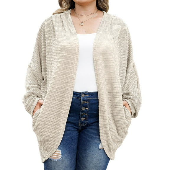 Wang6 Womens Oversized Lightweight Cardigan Sweaters Fall Open Front Knit Sweater Long Sleeve Waffle Knitted Tops Causal V Neck Loose Solid Outwear with Pocket Beige XXL