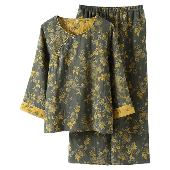 Wang6 Womens Pajama Sets 2 Piece Pjs Set Soft Long Sleeve Shirts Wide Leg Pants Crew Neck Floral Printed Loungewear Sleepwear Sets Green2 M