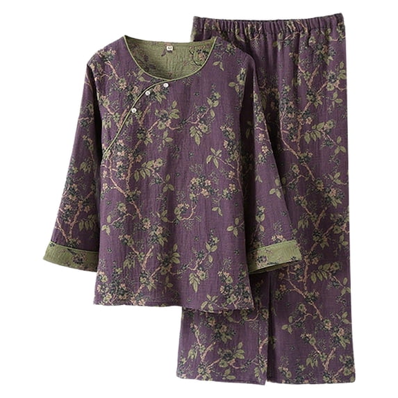 Wang6 Womens Pajama Sets 2 Piece Pjs Set Soft Long Sleeve Shirts Wide Leg Pants Crew Neck Floral Printed Loungewear Sleepwear Sets Purple L
