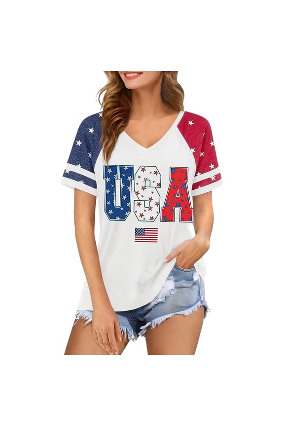 Womens Plus Size 4th of July V Neck Tshirts USA Flag Printed Patriotic Summer Tops Causal Loose Independent Day Short Sleevre Graphic Tee Shirts White1 XXXL