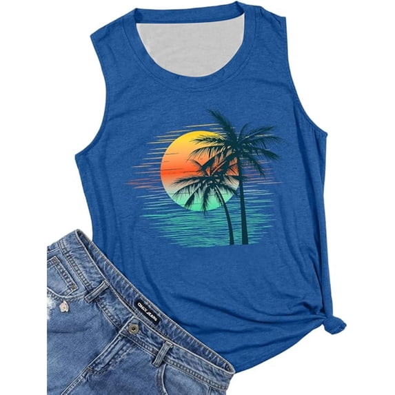Wang6 Womens Plus Size Camisole Loose Fit Sleeveless Floral Printed Tank Tops Causal Crew Neck Summer Graphic Tees Tops Blue L