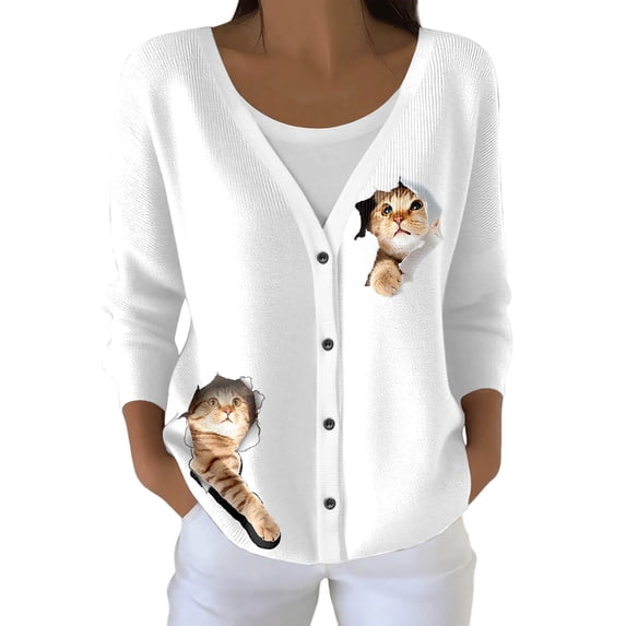 Wang6 Womens Plus Size Cardigan Sweaters Black Open Front Button Long Sleeve Knit Sweater Fall Winter V Neck Cute Animal Printed Knitted Outwear Tops White XXXL