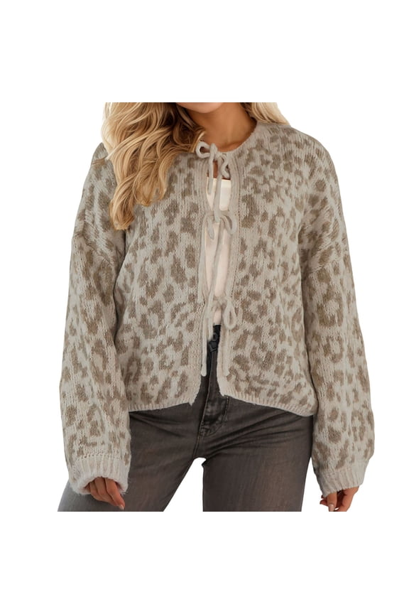 Womens Plus Size Cardigan Sweaters Causal Long Sleeve Front Lace up Knit Sweater Trendy Leopard Printed Crew Neck Knitted Tops Outerwear Khaki M
