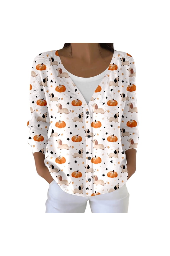 Womens Plus Size Cardigan Sweaters Fall Open Front Button Long Sleeve Knit Sweater Causal Deep V Neck Loose Cute Animal Printed Knitted Outwear Tops Orange S