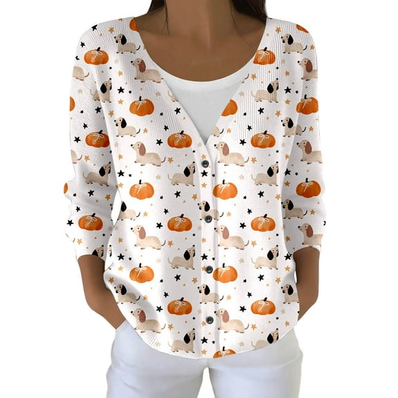 Wang6 Womens Plus Size Cardigan Sweaters Fall Open Front Button Long Sleeve Knit Sweater Causal Deep V Neck Loose Cute Animal Printed Knitted Outwear Tops Orange XXL