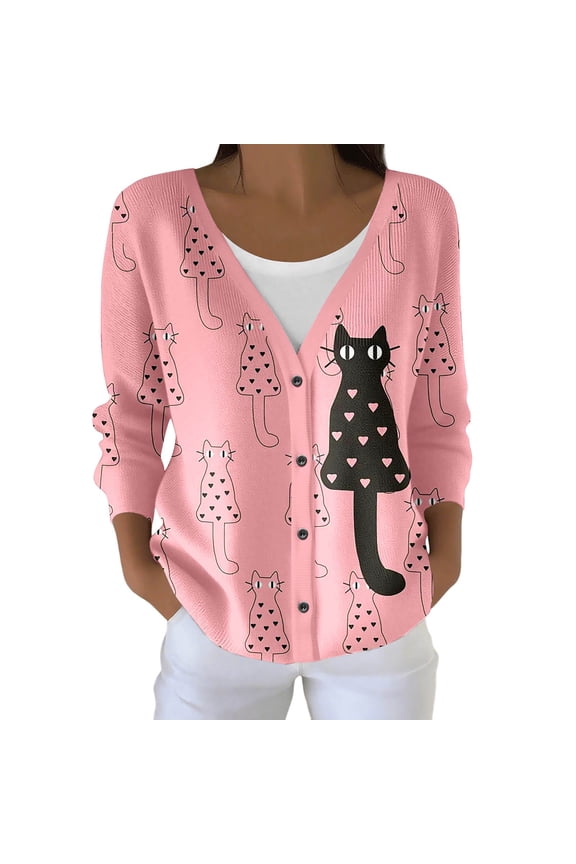 Womens Plus Size Cardigan Sweaters Fall Open Front Button Long Sleeve Knit Sweater Causal Deep V Neck Loose Cute Animal Printed Knitted Outwear Tops Pink1 XXXL