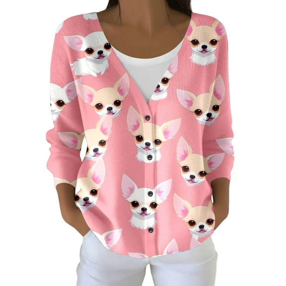 Wang6 Womens Plus Size Cardigan Sweaters Fall Open Front Button Long Sleeve Knit Sweater Causal Deep V Neck Loose Cute Animal Printed Knitted Outwear Tops Pink L