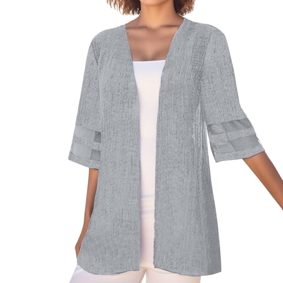 Wang6 Womens Plus Size Cardigan Trendy Half Sleeve Open Front Shirts Elegant Fall V Neck Solid Tops Outerwear Grey S