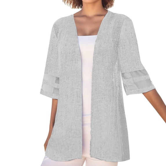 Wang6 Womens Plus Size Cardigan Trendy Half Sleeve Open Front Shirts Elegant Fall V Neck Solid Tops Outerwear White XL