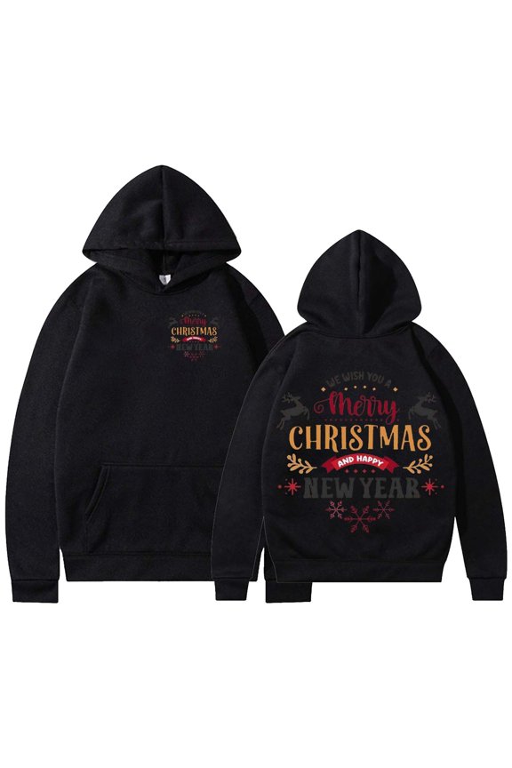 Womens Plus Size Christmas Hoodies Trendy Xmas Long Sleeve Back Letter Printed Hooded Sweatshirts Pullovers Causal Loose Fit Crew Neck Graphic Tops Shirts with Pocket Black S