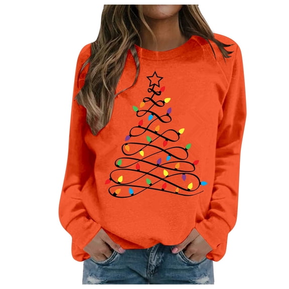 Wang6 Womens Plus Size Christmas Sweatshirts Crew Neck Christmas Tree Printed Hoodless Pullovers Long Sleeve White Graphic Tshirts Tops Orange XXXL